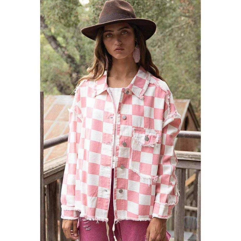POL Clothing Pink and White Denim Checkered Race Check Shacket New S-L YWT7 - Picture 6 of 8